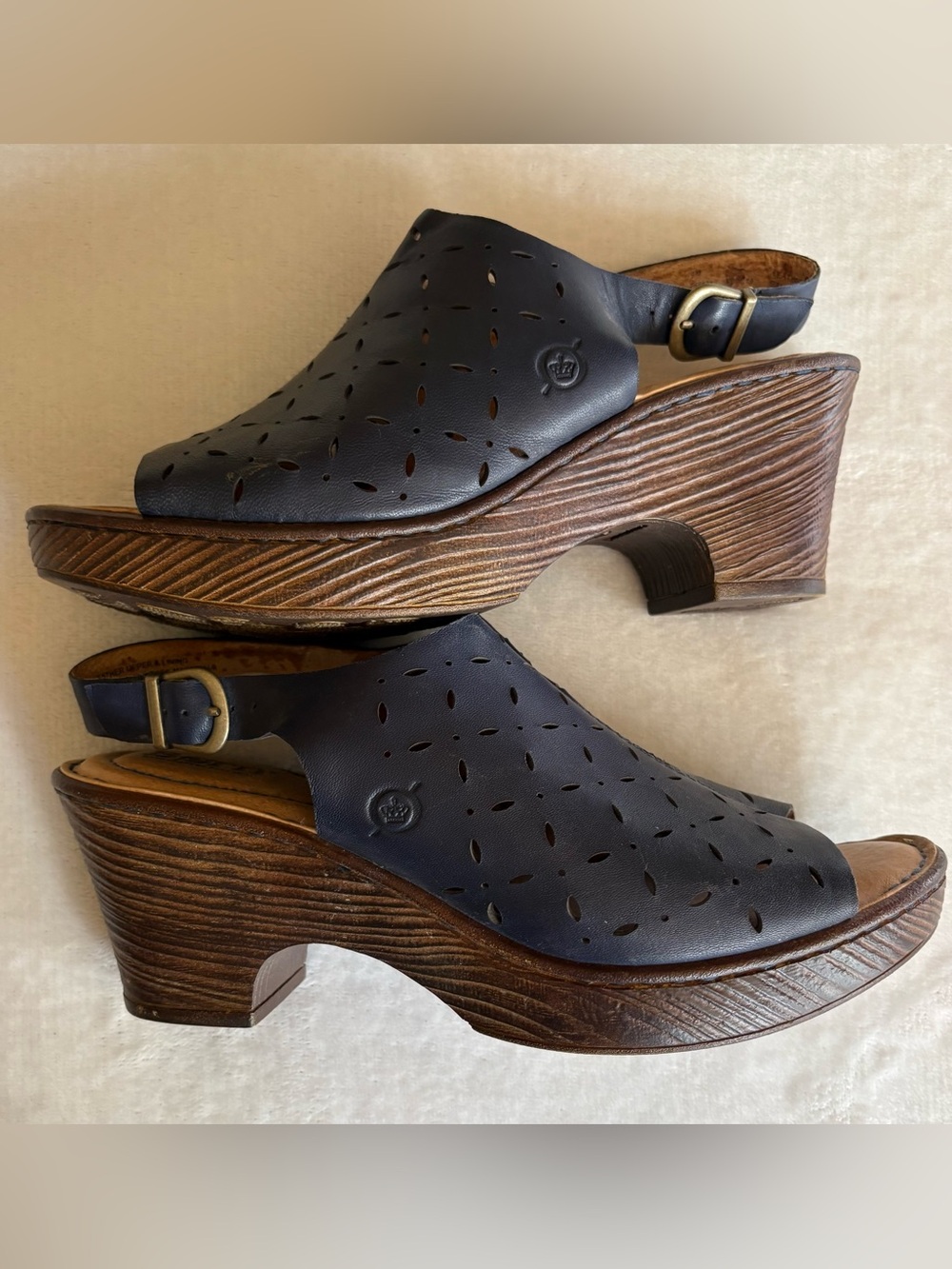 Born Navy Perforated Leather Slingback Wedge Clogs